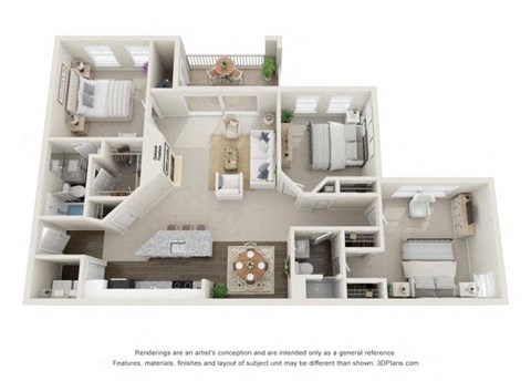 Floor plan for 3 beds, 2 baths, 1339 sqft